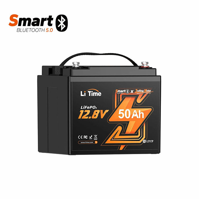 A black Smart x ZLTP LiFePO4 12.8V 50Ah portable battery with a top handle, shown on a white background with a Smart Bluetooth 5.