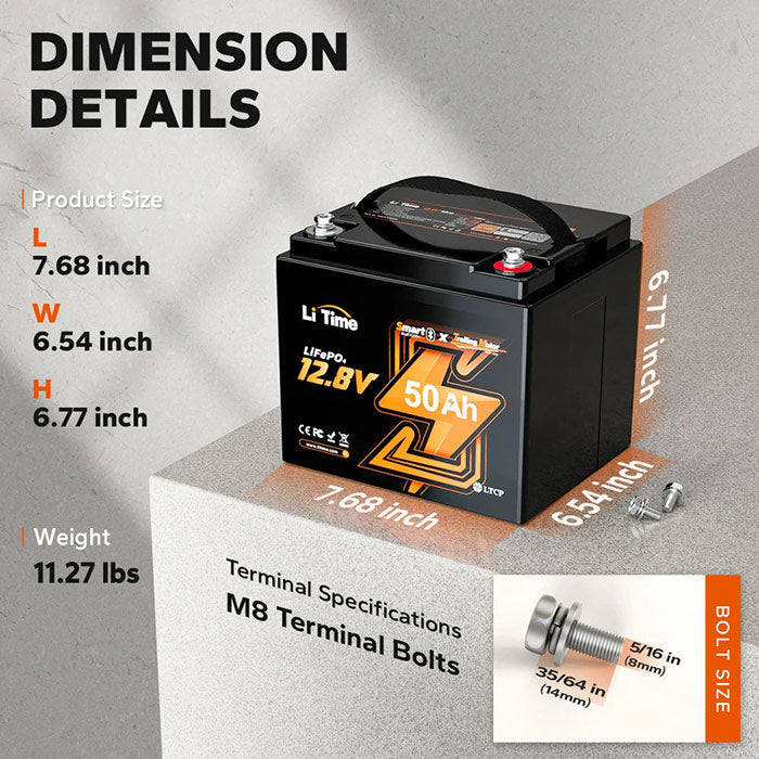 Battery with dimensions and specifications displayed on a gray background