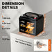Battery with dimensions and specifications displayed on a gray background