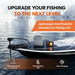 A black and white fishing boat on water with a trolling motor and electronic device mounted on deck, overlaid with promotional text including 'UPGRADE YOUR FISHING TO THE NEXT LEVEL' and feature callouts about high discharge current, long battery life, and fast charging.