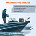 A man fishing from a boat in icy water while a trolling motor and battery are shown on the boat deck, with promotional text reading 'MAXIMIZE THE THRUST' and feature details about continuous discharge and IP65 waterproofing.
