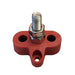 Red plastic clamp with a metal bolt on a white background