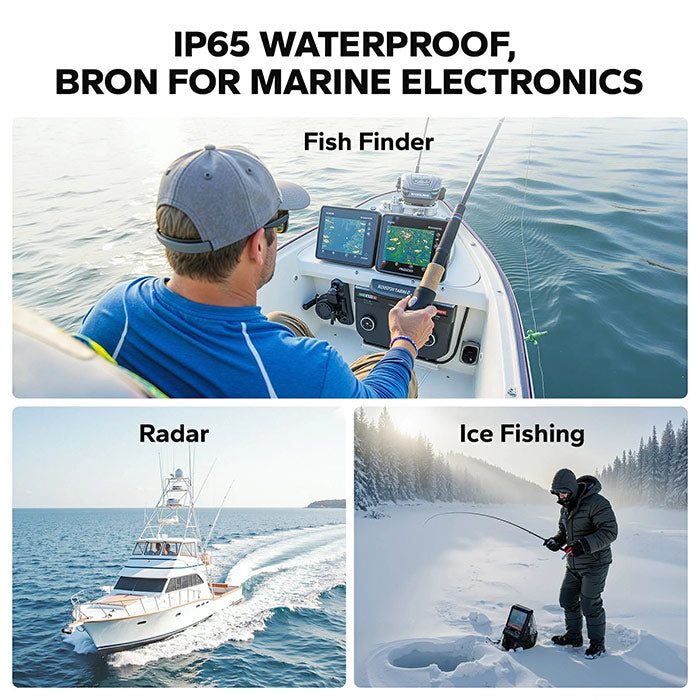 Man using marine electronics on a boat, with text highlighting IP65 waterproof rating and applications.