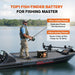 A man stands on a fishing boat holding a rod near a fish finder console, with a boxed fish finder battery product placed on the deck. Large promotional text reads 'TOP1 FISH FINDER BATTERY FOR FISHING MASTER,' with callout boxes describing ultra-stable and ultra-lasting power.