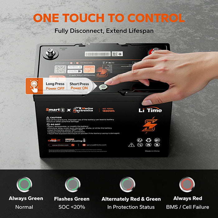 A black smart lithium-ion battery with a hand pressing the terminal switch on top, set against a textured gray background. The image includes marketing text at the top and feature icons at the bottom.