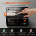 A black smart lithium-ion battery with a hand pressing the terminal switch on top, set against a textured gray background. The image includes marketing text at the top and feature icons at the bottom.