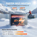 A 16V 100Ah LiFePO4 battery shown standing in snow with a snowy mountain and lake scene in the background, plus marketing text about faster self-heating and temperature performance.