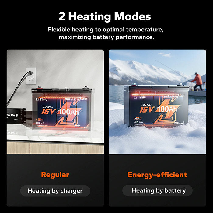 Two battery packs with heating modes displayed, one on a charger and the other in the snow.