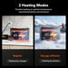 Two battery packs with heating modes displayed, one on a charger and the other in the snow.