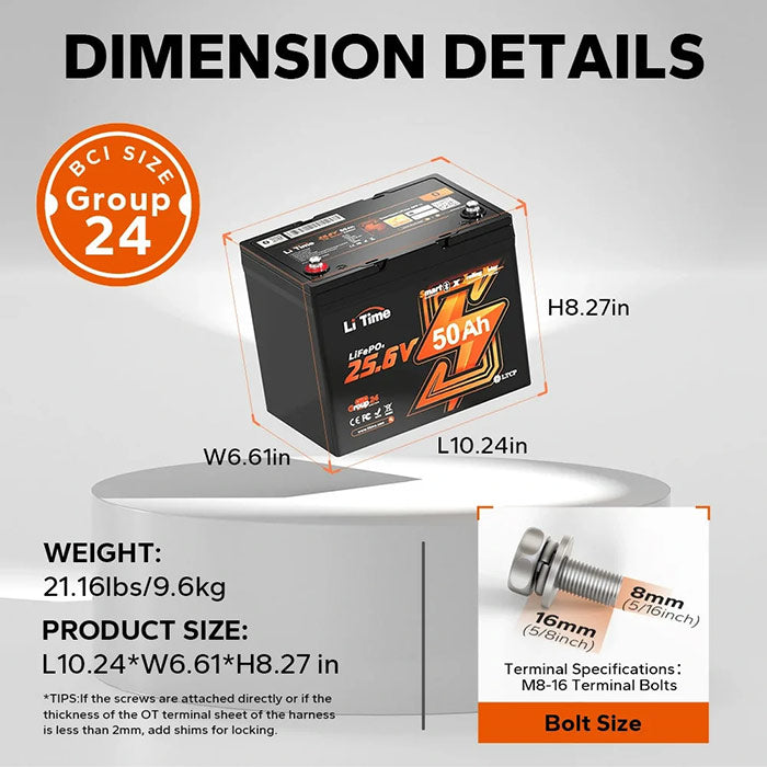 LiTime 24V 50Ah Group 24 Bluetooth Lithium Battery