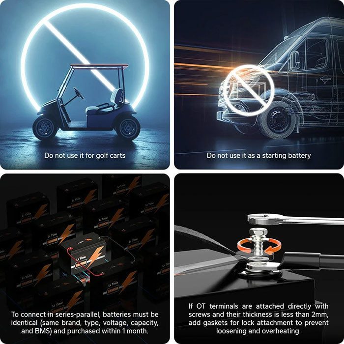 Collage of warnings and instructions for battery use, including a golf cart and vehicle illustration.