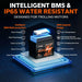 An IP65 water-resistant lithium-ion battery by Lipo T1mo, shown in a dark blue and black graphic with glowing blue LED effects, surrounded by feature callouts for Intelligent BMS and IP65 water resistance.