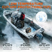 Person on a boat in icy water with text about low temperature cut-off protection.