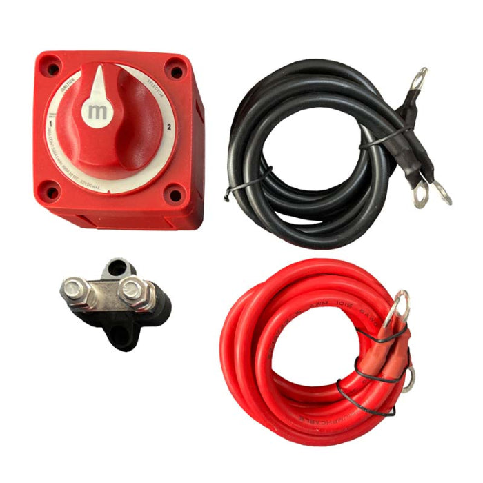 Red toggle switch, black and red cables on a white background