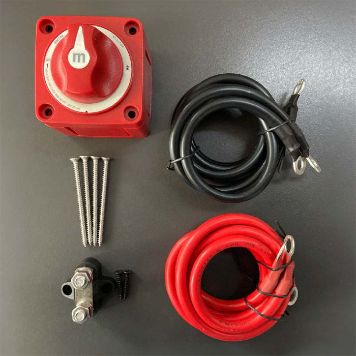 Red toggle switch, black and red cables, screws on a gray background