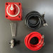 Red toggle switch, black and red cables, screws on a gray background