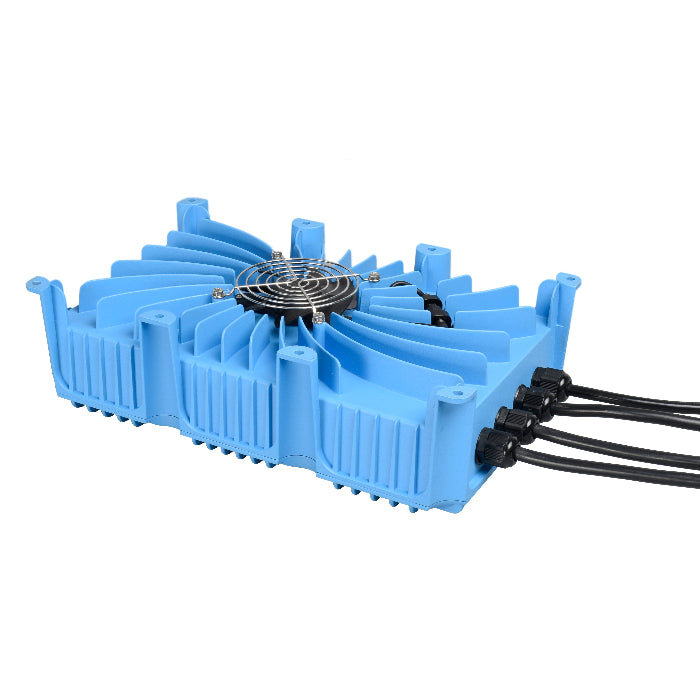 Blue cooling fan with multiple cables on a white background