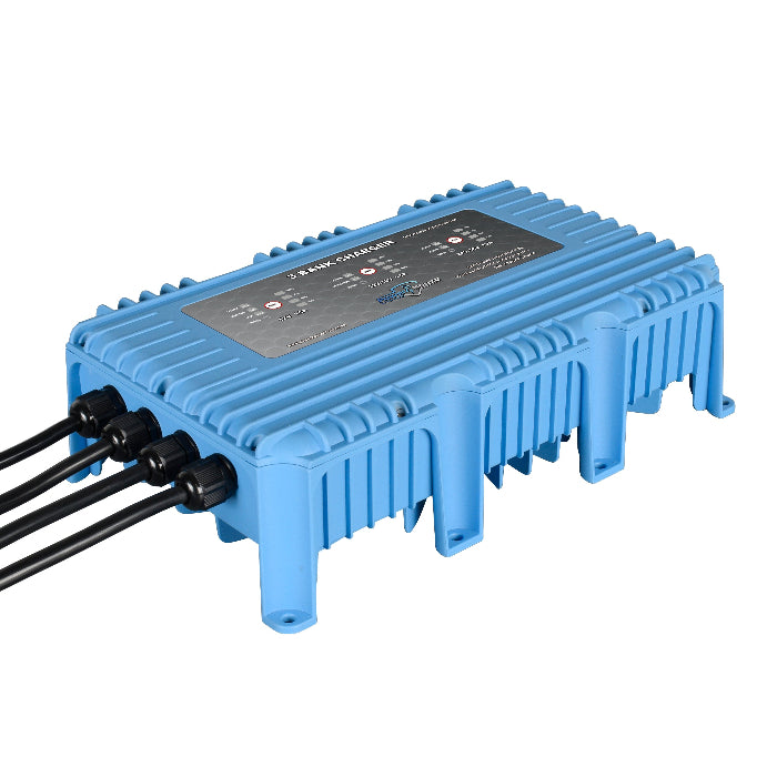 Blue electronic device with cables on a white background