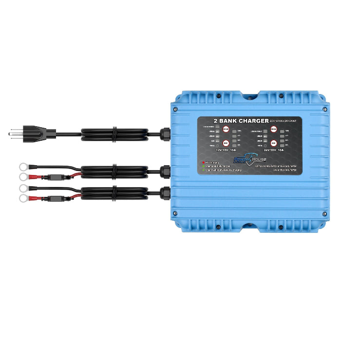 Blue 2 bank charger with cable connections on a white background