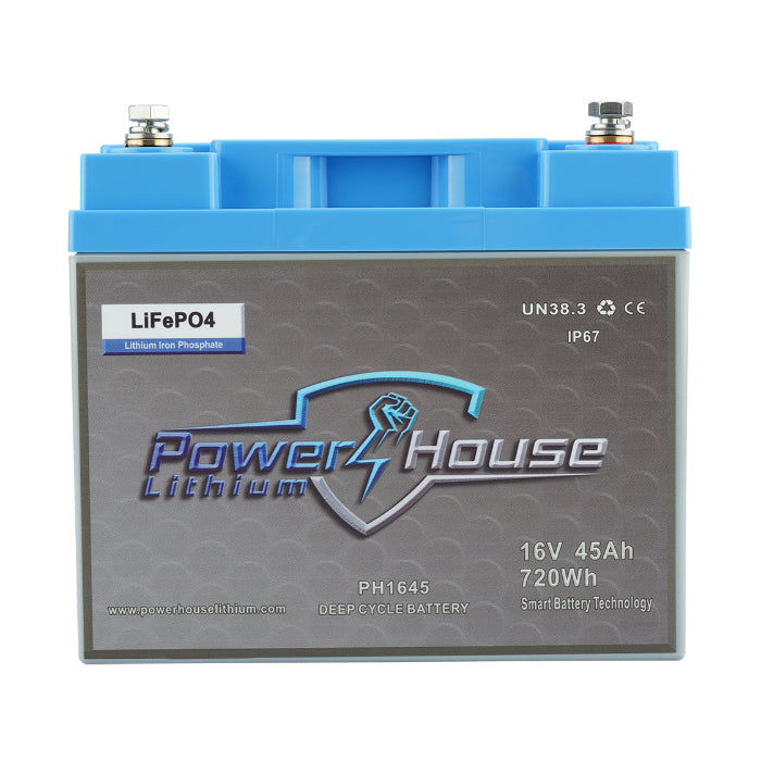 Power House Lithium battery with blue top and gray base on a white background