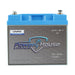 Power House Lithium battery with blue top and gray base on a white background