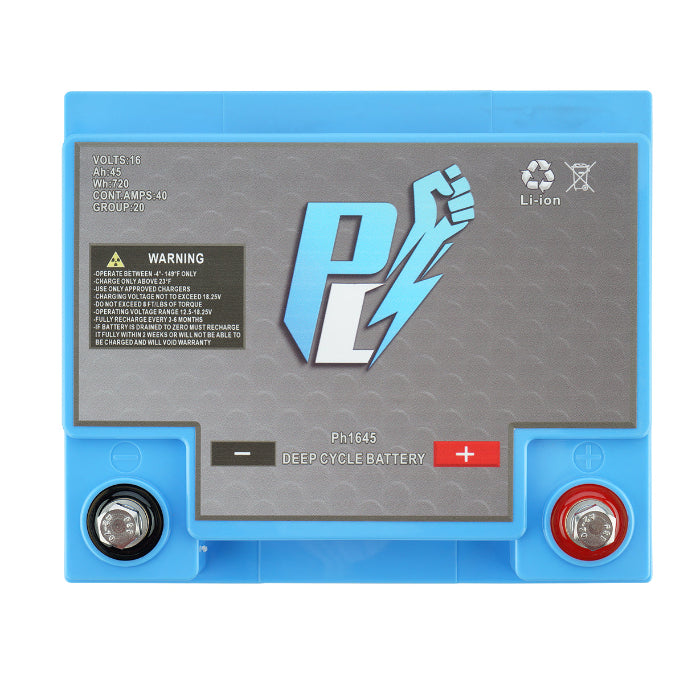 Blue deep cycle battery with brand logo on a white background