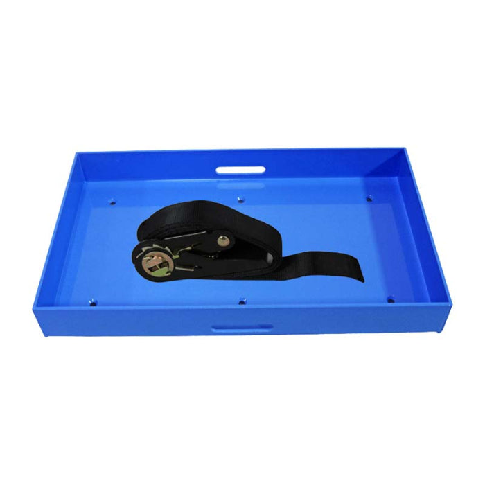 Blue tray with a black belt on a white background