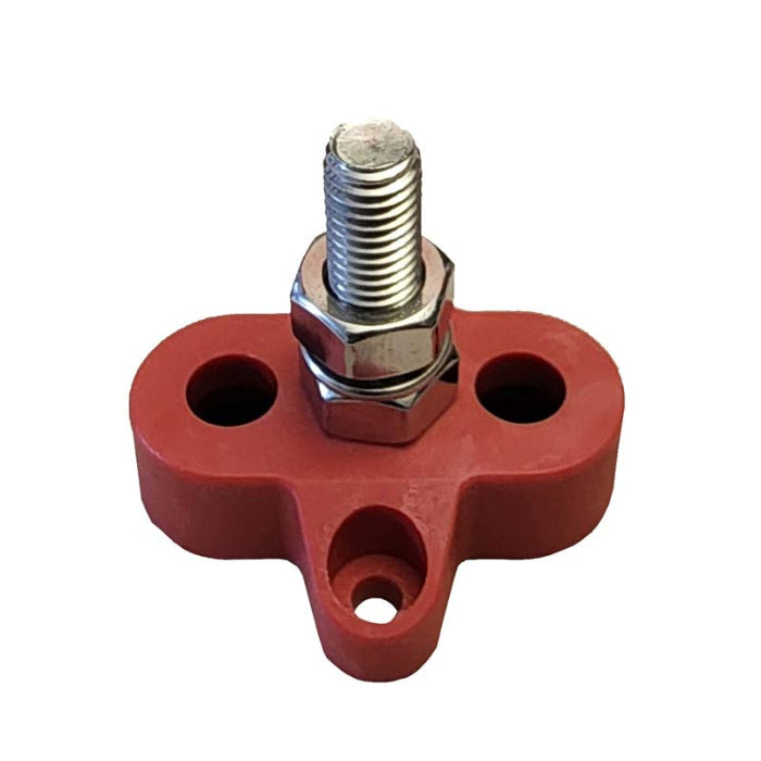 Red plastic clamp with a metal bolt on a white background