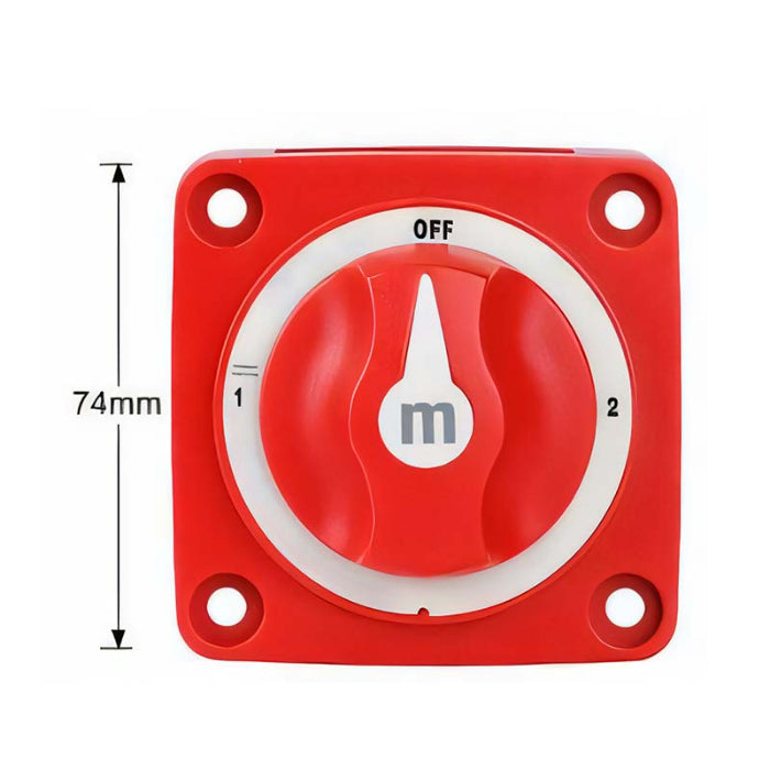 Red toggle switch with white markings on a white background
