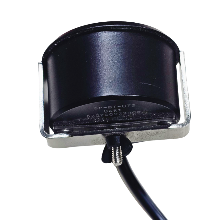 Black electronic device with a cable on a white background