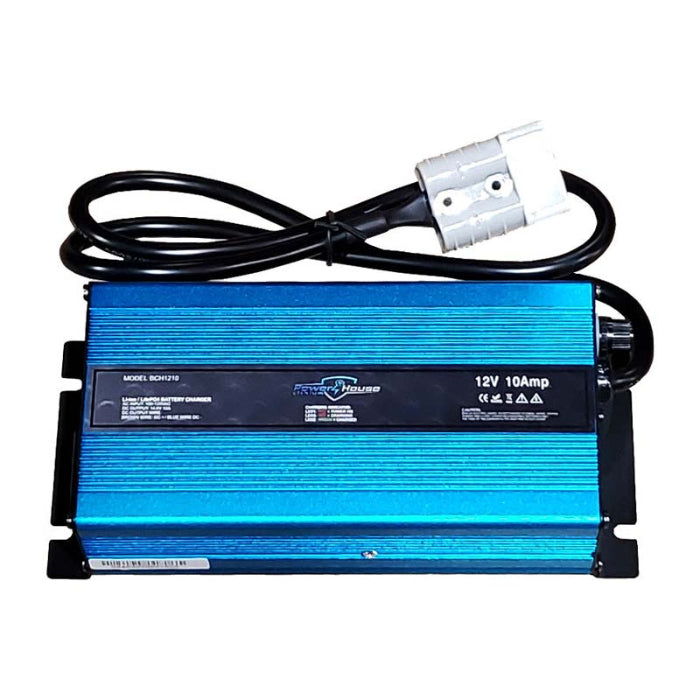 Blue power inverter with black cable on a white background