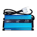 Blue power inverter with black cable on a white background