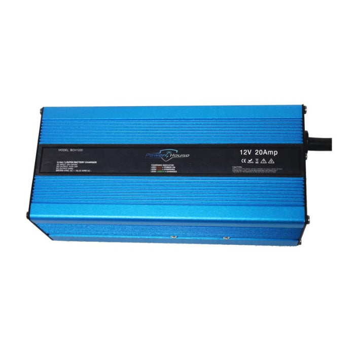 Blue battery charger with black label on a white background