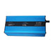 Blue battery charger with black label on a white background
