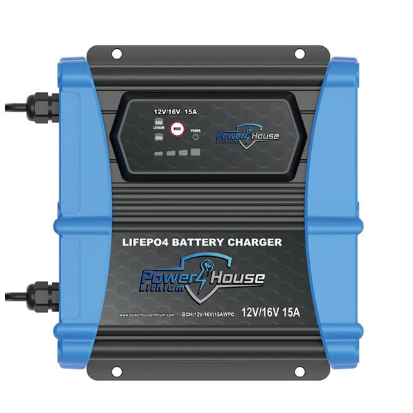 PowerHouse Lithium Dual Voltage 12v or 16V 15A Selectable AC Waterproof Onboard Charger