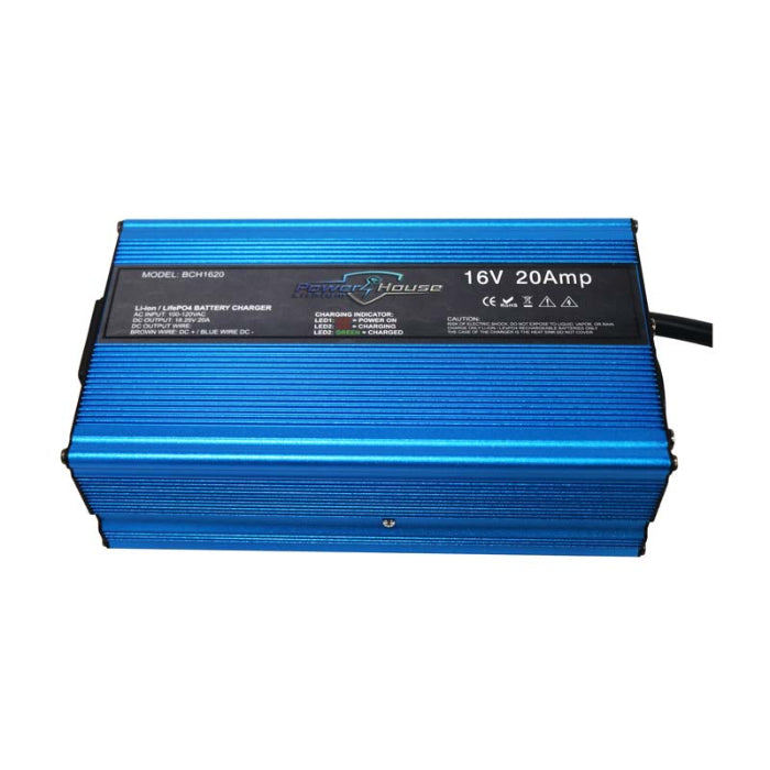 Blue battery charger with text on a white background