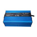 Blue battery charger with text on a white background
