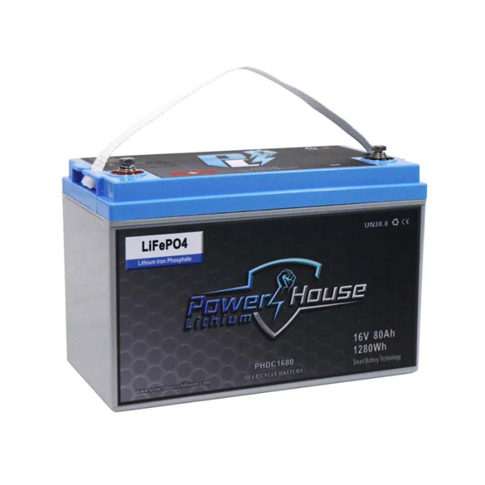 Powerhouse lithium battery with blue and black design on a white background