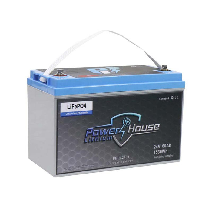 Powerhouse lithium battery with blue top and black side panel on a white background